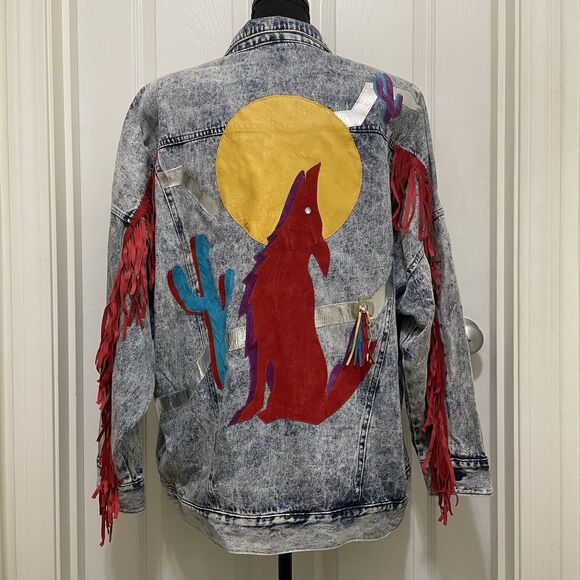 Vintage Opal Jean‎ Jacket Denim Wolf Moon Cactus Fringe Western NWT 80s 90s RARE - Picture 7 of 14